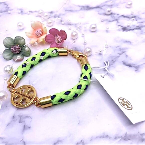 New Tory Burch Gold Logo, Green & Blue Rope Bracelet - Picture 7 of 10